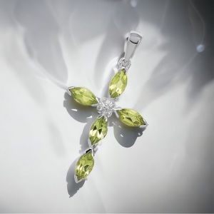 Sterling Silver Peridot August Birthstone and Diamond Cross Charm Pendant